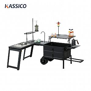 Caixa de acampamento portátil de alumínio e mesa IGT com rodas