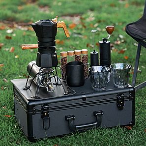 Conjunto de cafeteira de gotejamento manual para áreas externas - Estojo de viagem de alumínio, moedor manual, kit de preparo