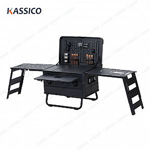 Caixa de cozinha de acampamento de alumínio com mesa dobrável